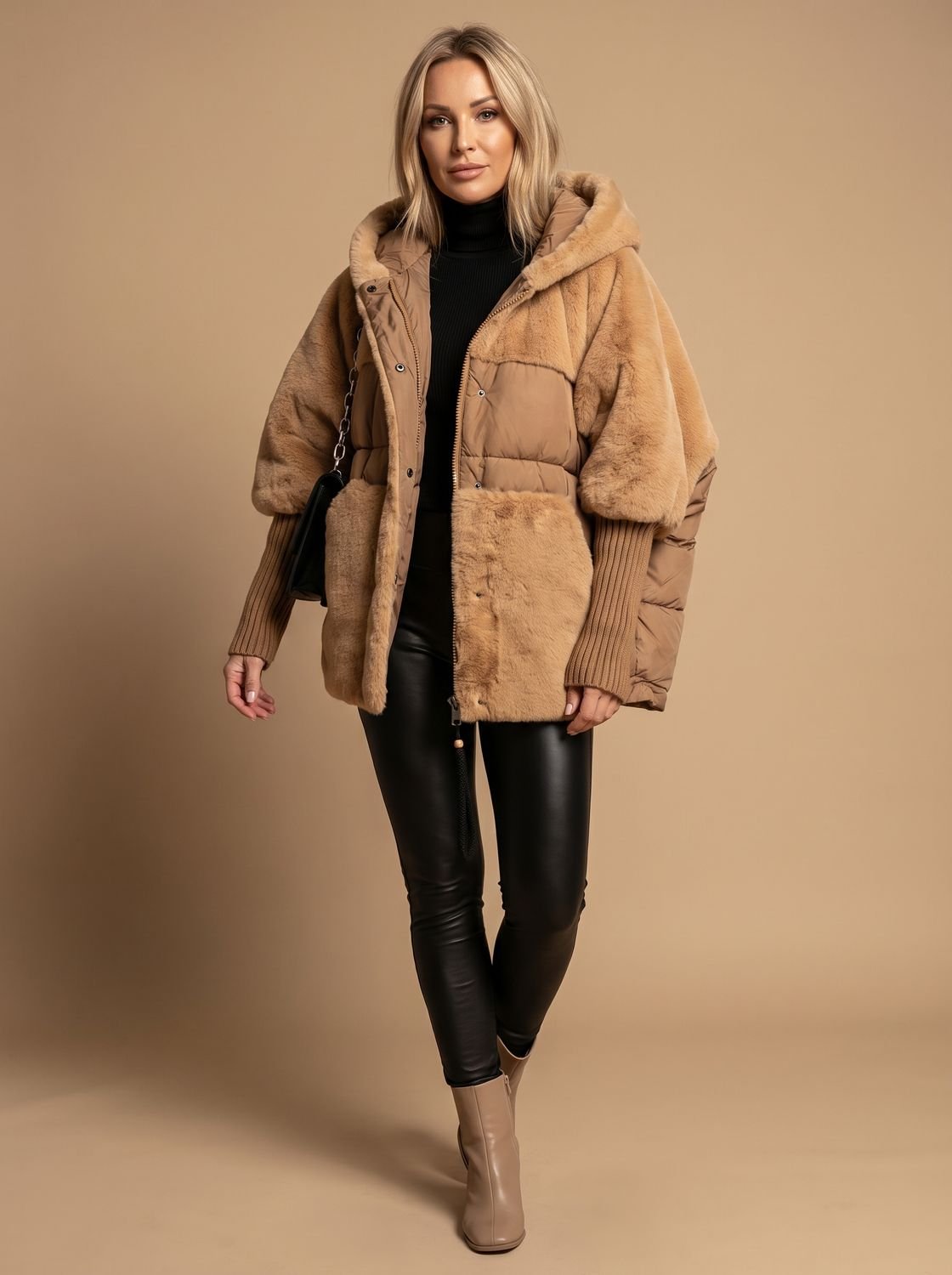 Women's Loose-Fit Plush-Fur Hood-Detail Puffer Coat – Dark Khaki