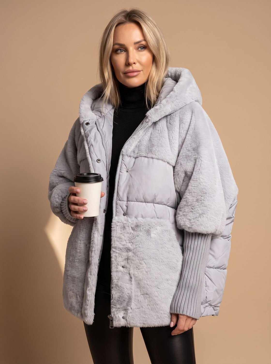 Women's Loose-Fit Plush-Fur Hood-Detail Puffer Coat – Gray