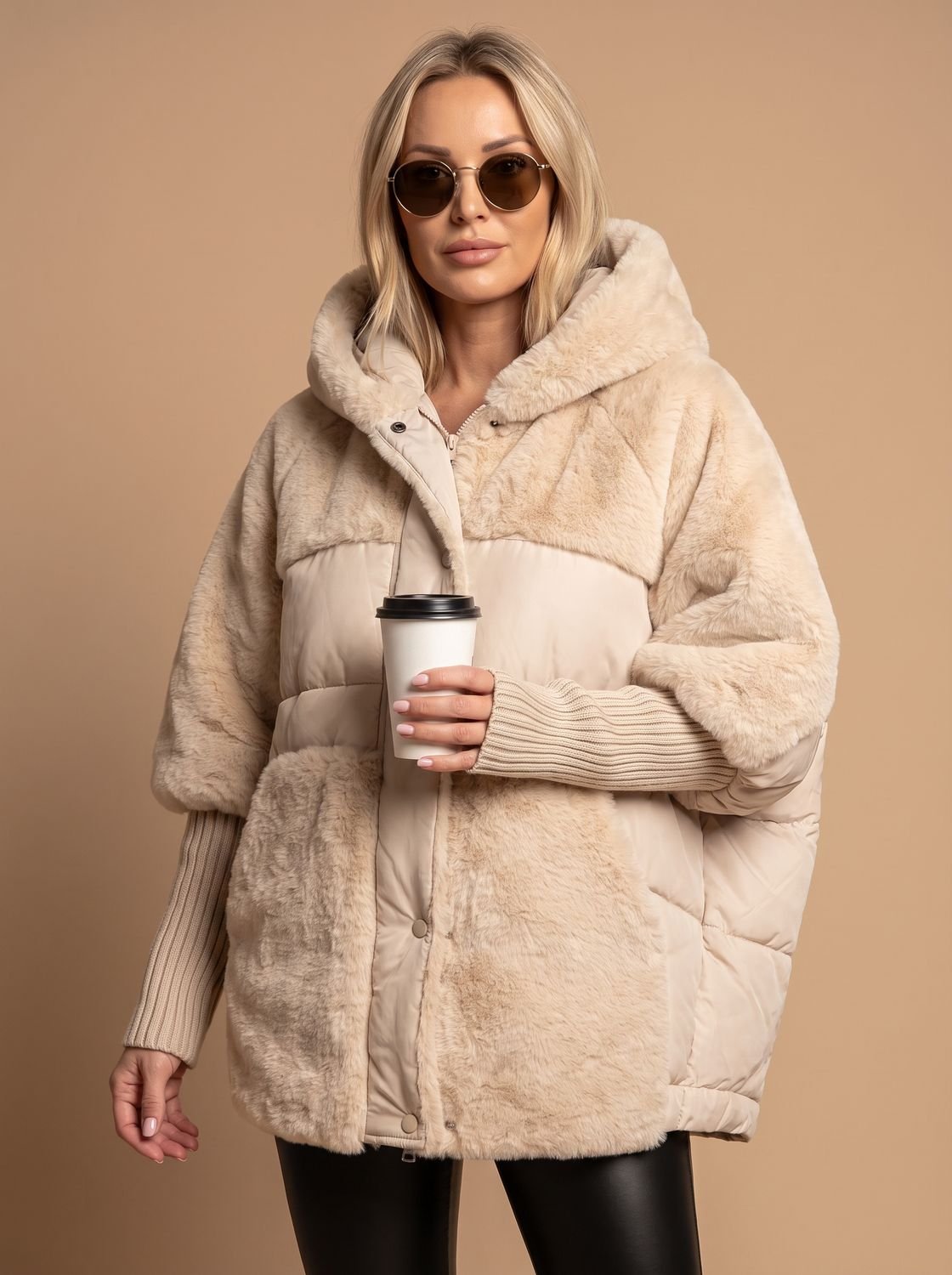 Women's Loose-Fit Plush-Fur Hood-Detail Puffer Coat – Beige