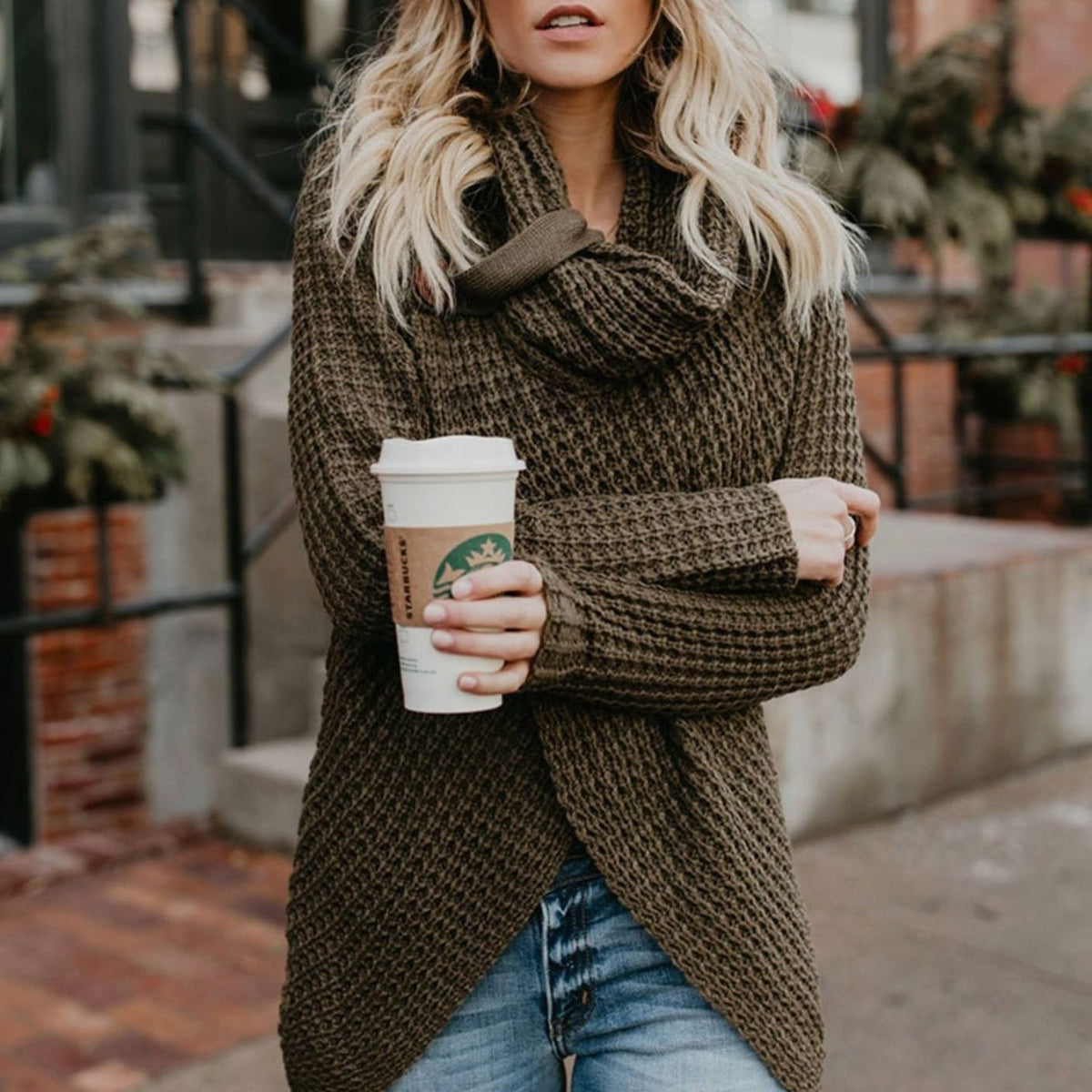 Women's Chunky-Knit Cowl-Neck Wrap-Front Knit Cardigan – Army Green