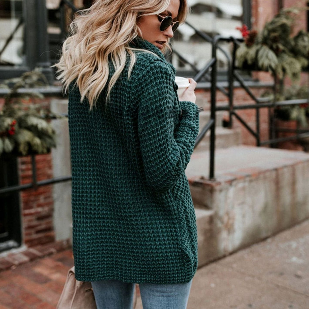 Women's Chunky-Knit Cowl-Neck Wrap-Front Knit Cardigan – Dark Green