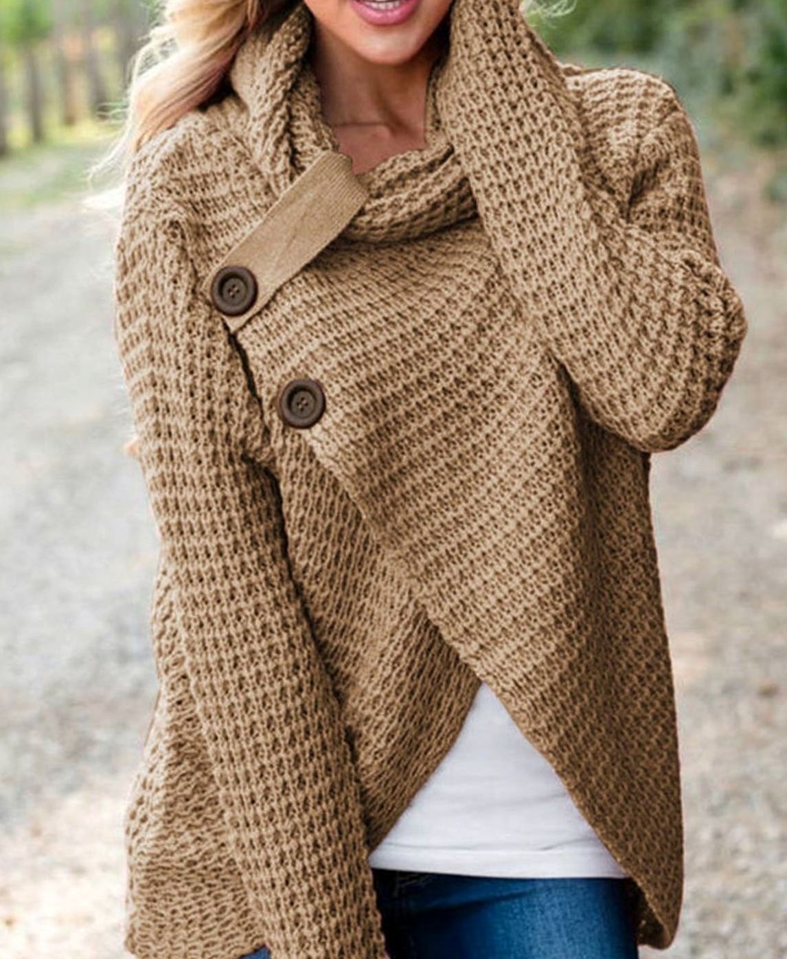 Women's Chunky-Knit Cowl-Neck Wrap-Front Knit Cardigan – Beige