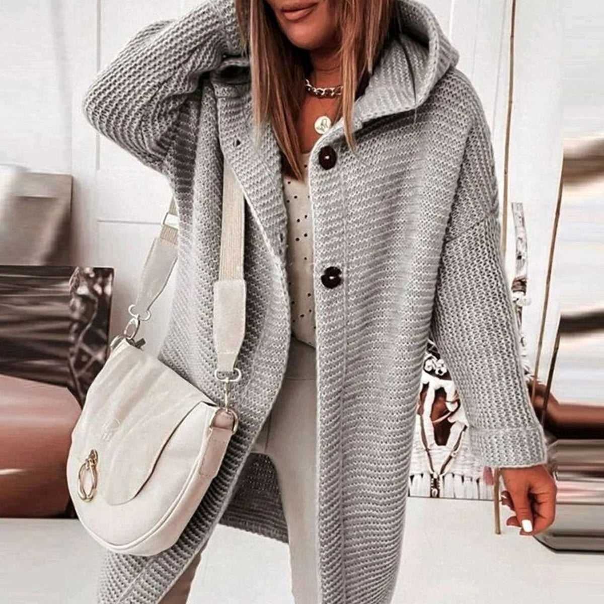 Women's Hood-Detail Chunky-Knit Cardigan with Toggle Buttons – Gray