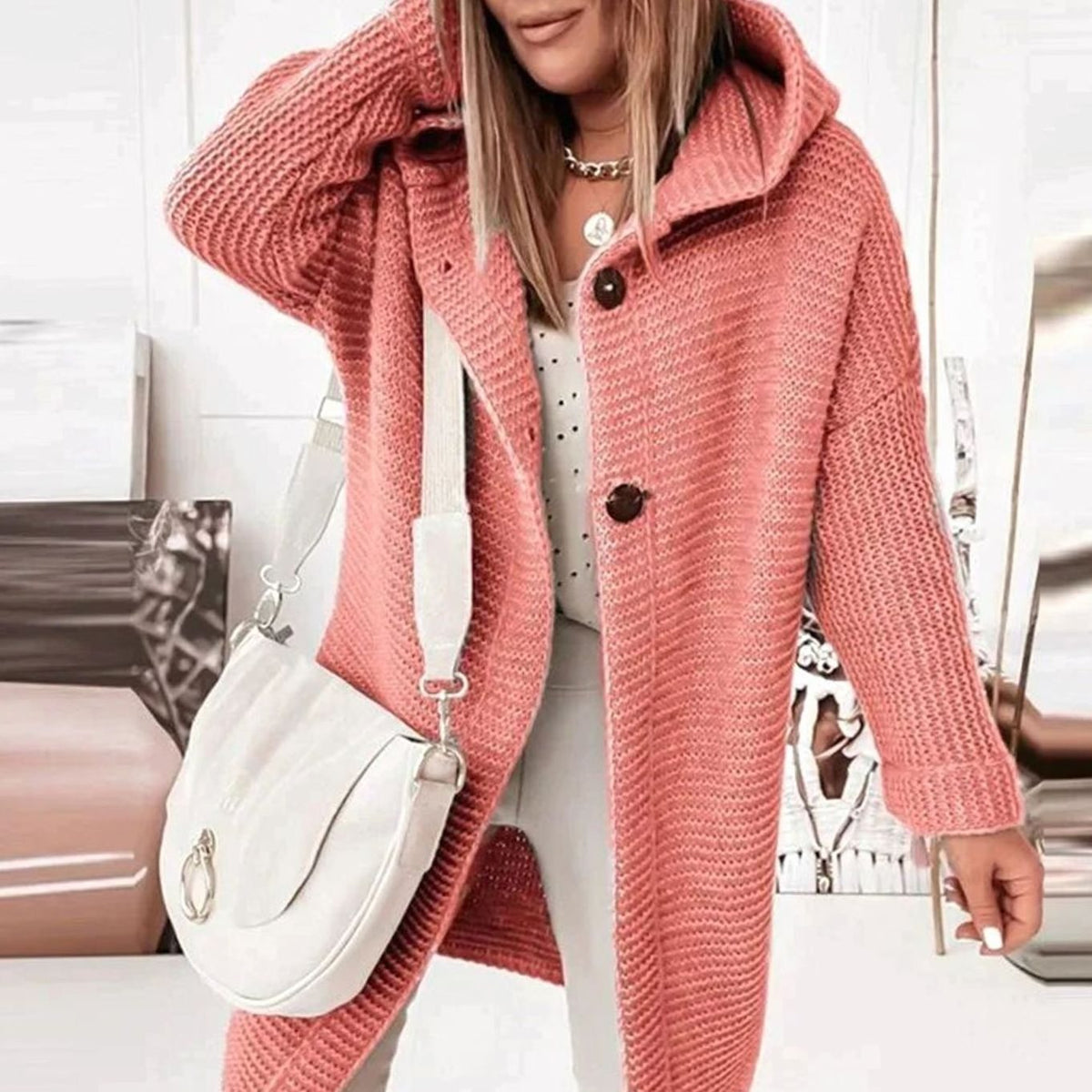 Women's Hood-Detail Chunky-Knit Cardigan with Toggle Buttons – view 2