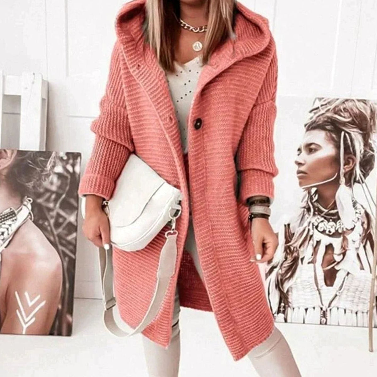 Women's Hood-Detail Chunky-Knit Cardigan with Toggle Buttons – Red