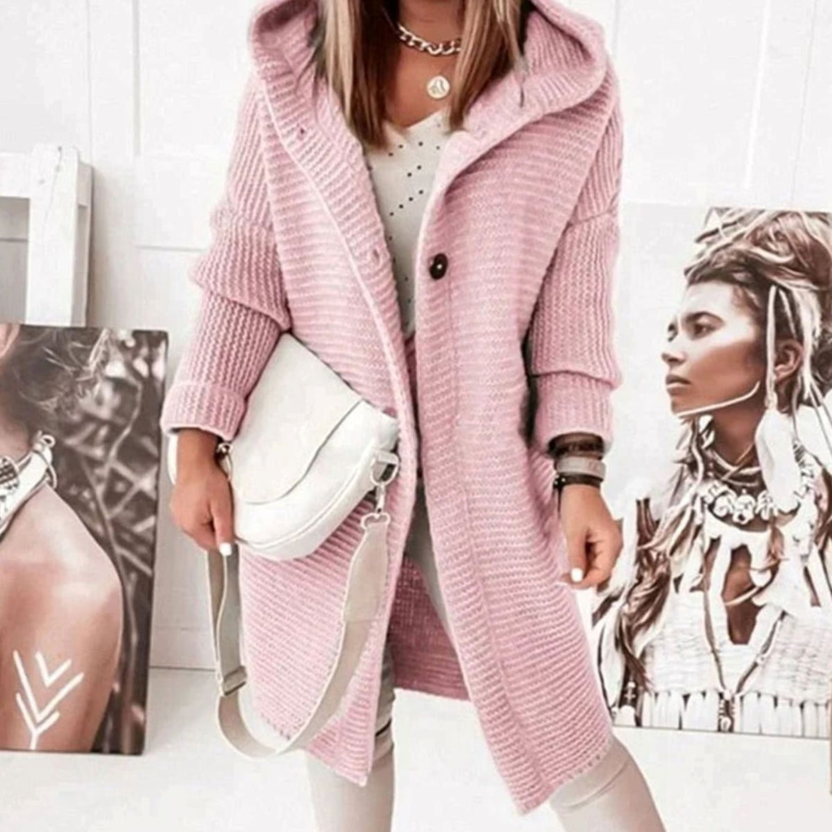 Women's Hood-Detail Chunky-Knit Cardigan with Toggle Buttons – Pink