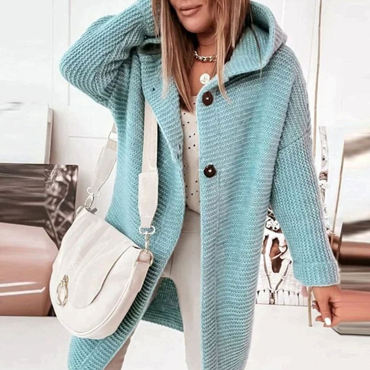 Women's Hood-Detail Chunky-Knit Cardigan with Toggle Buttons – Light Blue