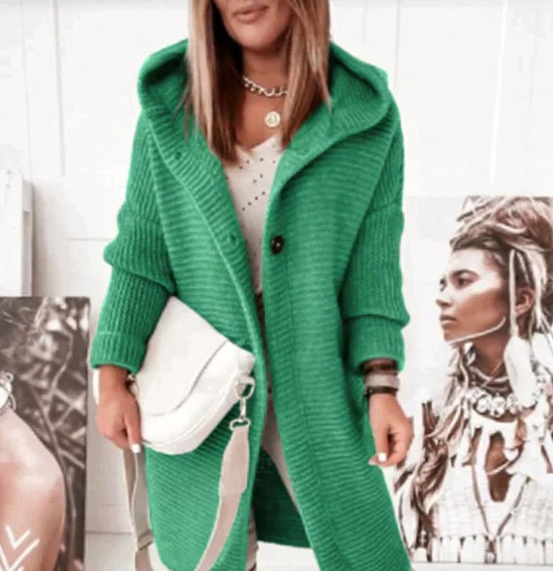 Women's Hood-Detail Chunky-Knit Cardigan with Toggle Buttons – Green