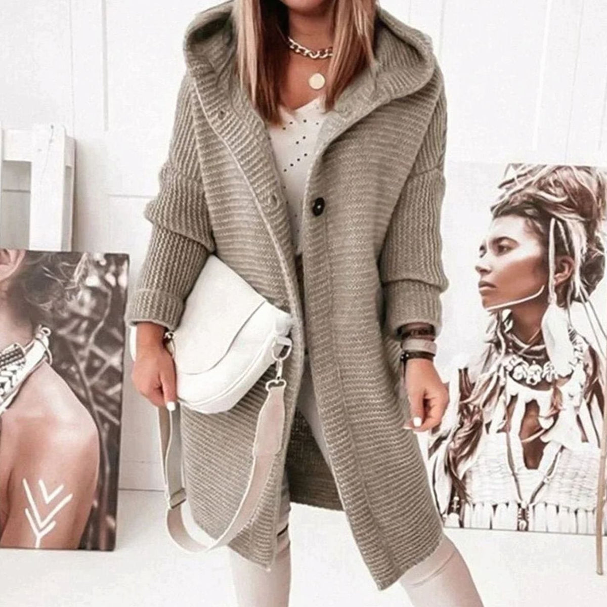 Women's Hood-Detail Chunky-Knit Cardigan with Toggle Buttons – Light Brown
