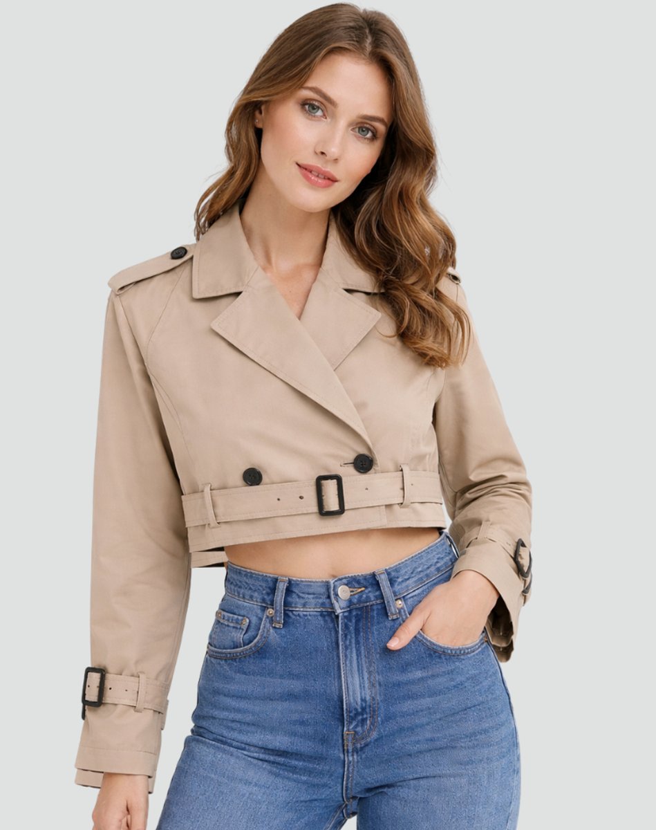 Women's Crop-Length Double-Breast Belt-Detail Trench Coat – Khaki