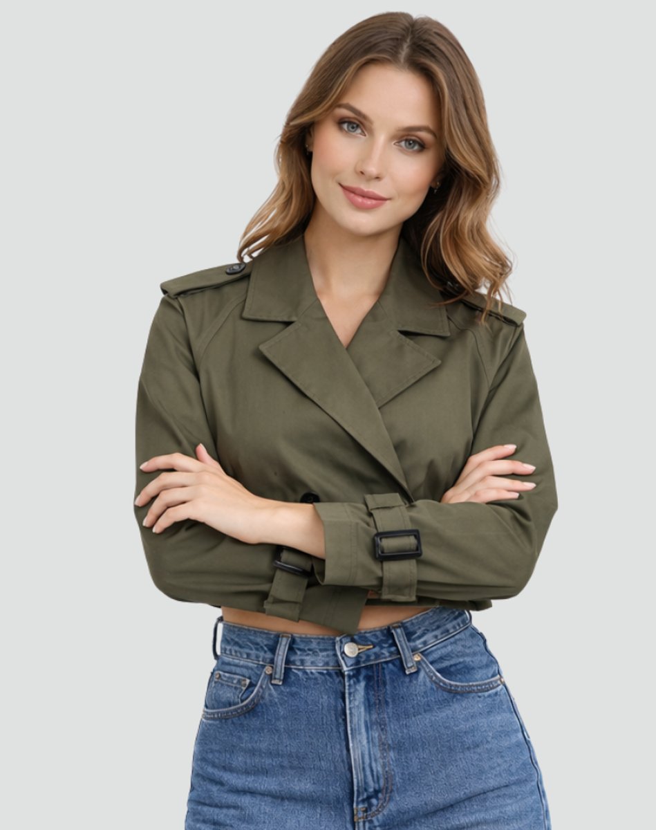 Women's Crop-Length Double-Breast Belt-Detail Trench Coat – Army Green
