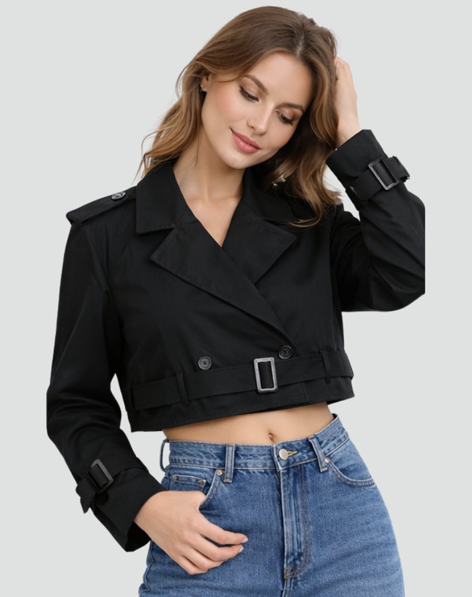Women's Crop-Length Double-Breast Belt-Detail Trench Coat – Black