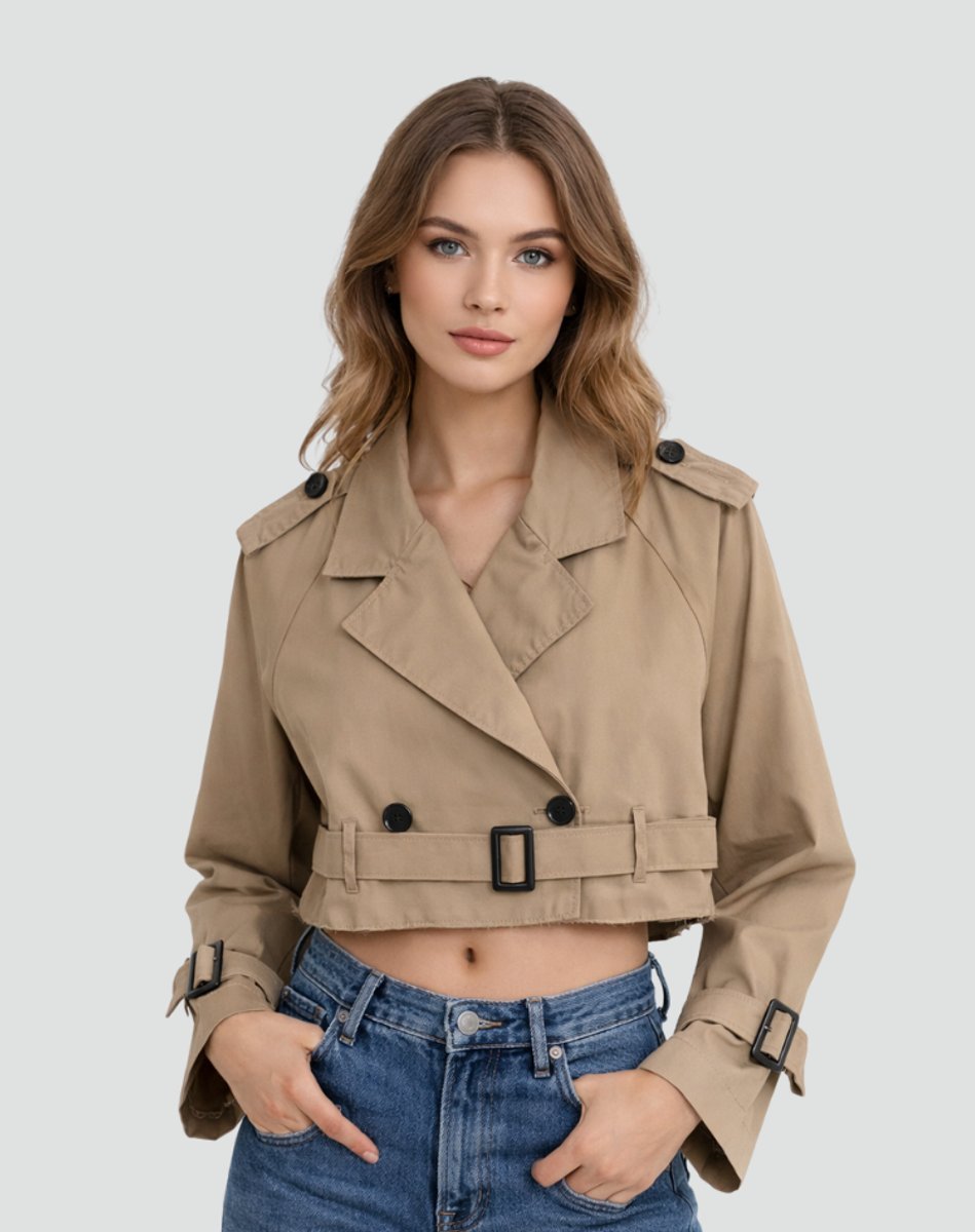 Women's Crop-Length Double-Breast Belt-Detail Trench Coat – Brown