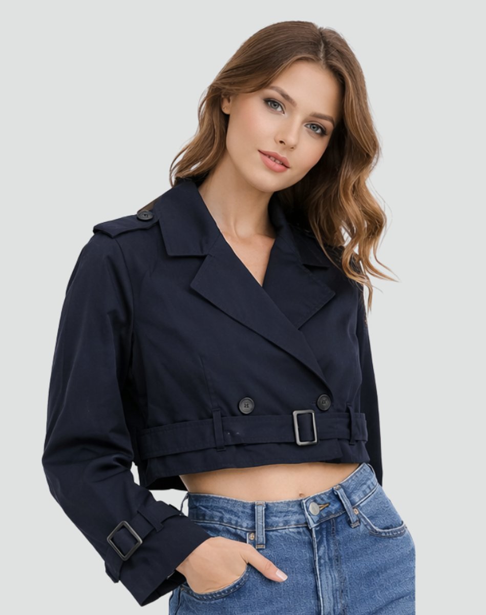 Women's Crop-Length Double-Breast Belt-Detail Trench Coat – Navy Blue