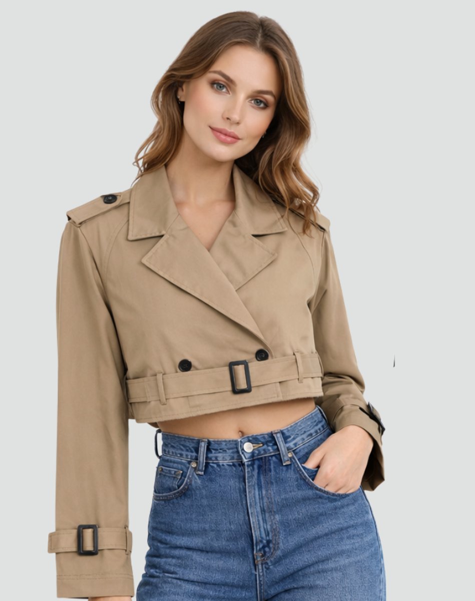 Women's Crop-Length Double-Breast Belt-Detail Trench Coat – view 6