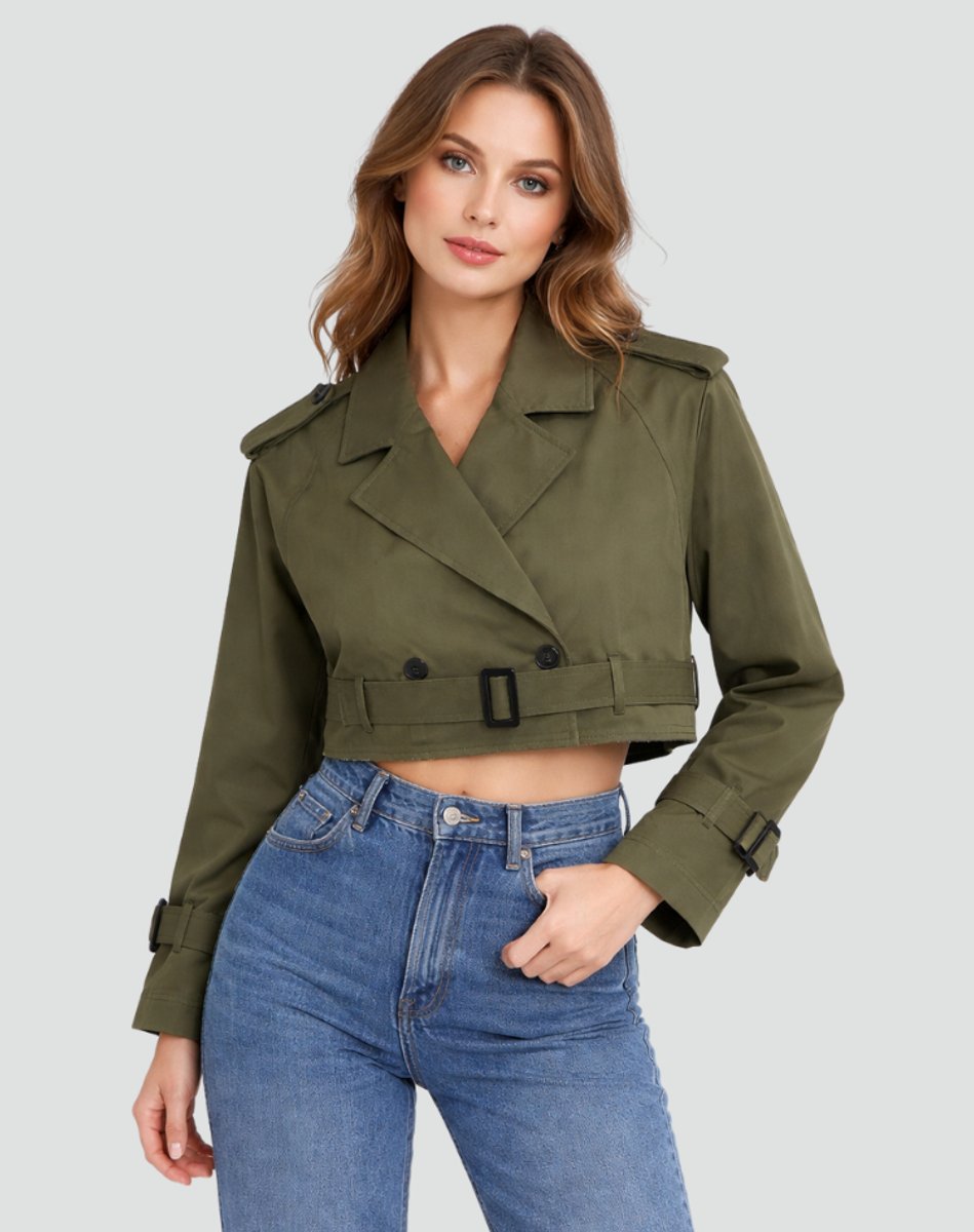 Women's Crop-Length Double-Breast Belt-Detail Trench Coat – view 7