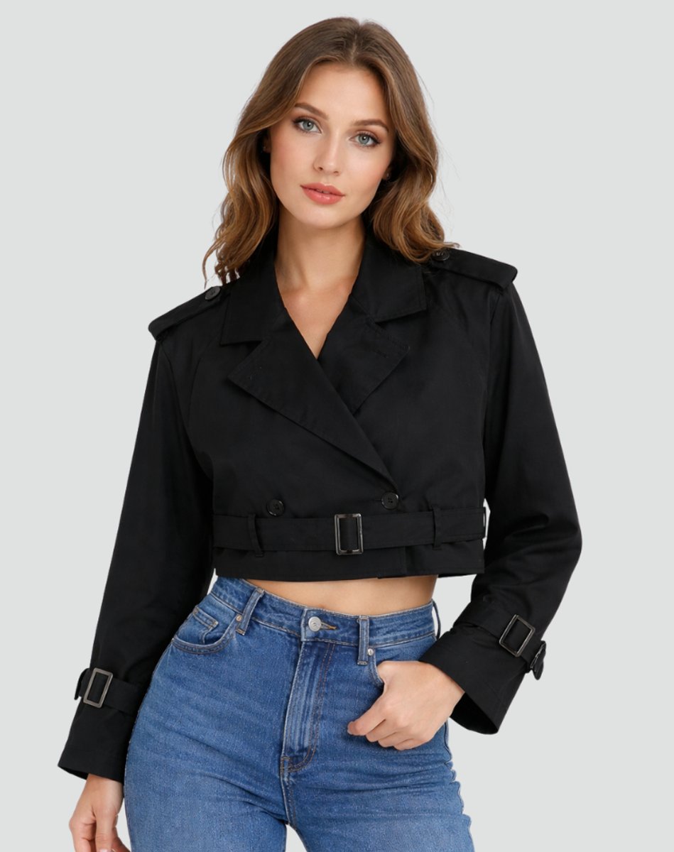Women's Crop-Length Double-Breast Belt-Detail Trench Coat – view 9