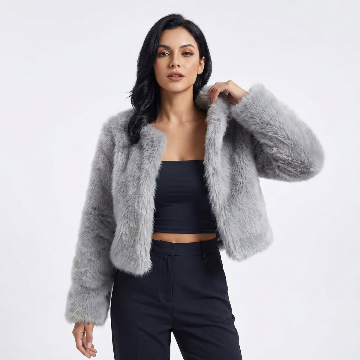 Women's Crop-Length Plush-Fur Cardigan Jacket – Gray