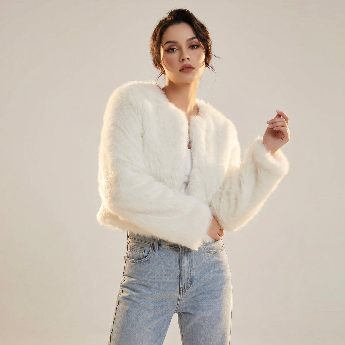 Women's Crop-Length Plush-Fur Cardigan Jacket – White
