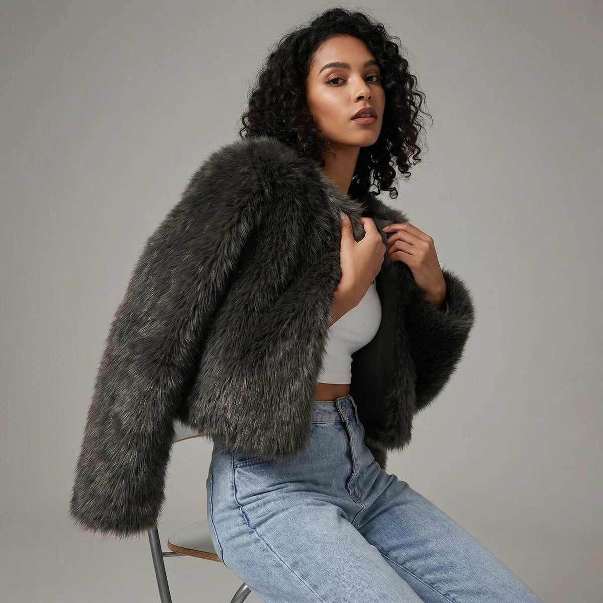 Women's Crop-Length Plush-Fur Cardigan Jacket – Black