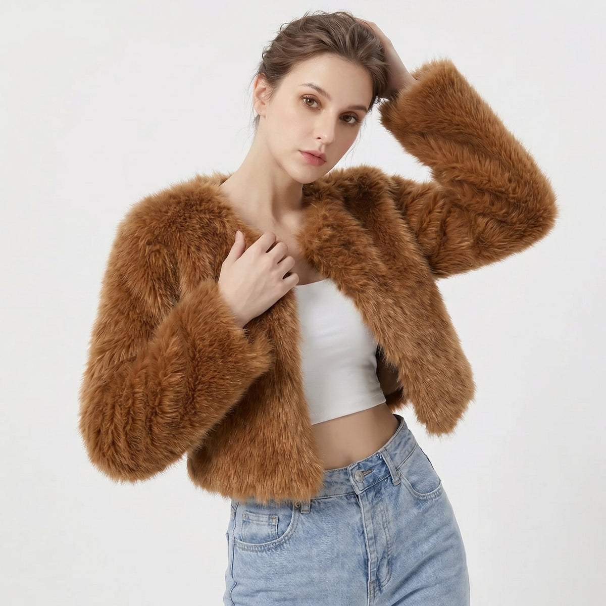 Women's Crop-Length Plush-Fur Cardigan Jacket – Dark Curry