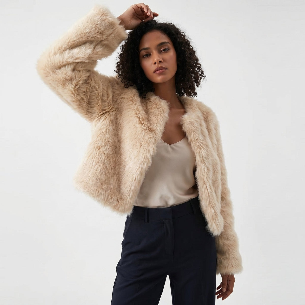 Women's Crop-Length Plush-Fur Cardigan Jacket – Apricot