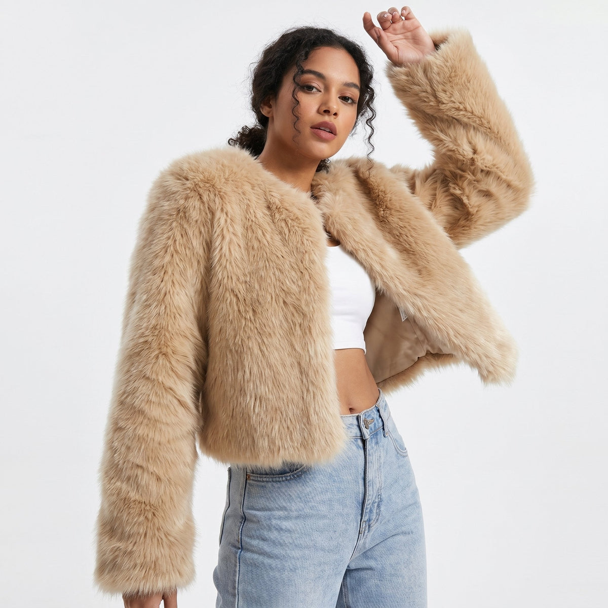 Women's Crop-Length Plush-Fur Cardigan Jacket – Pale Curry
