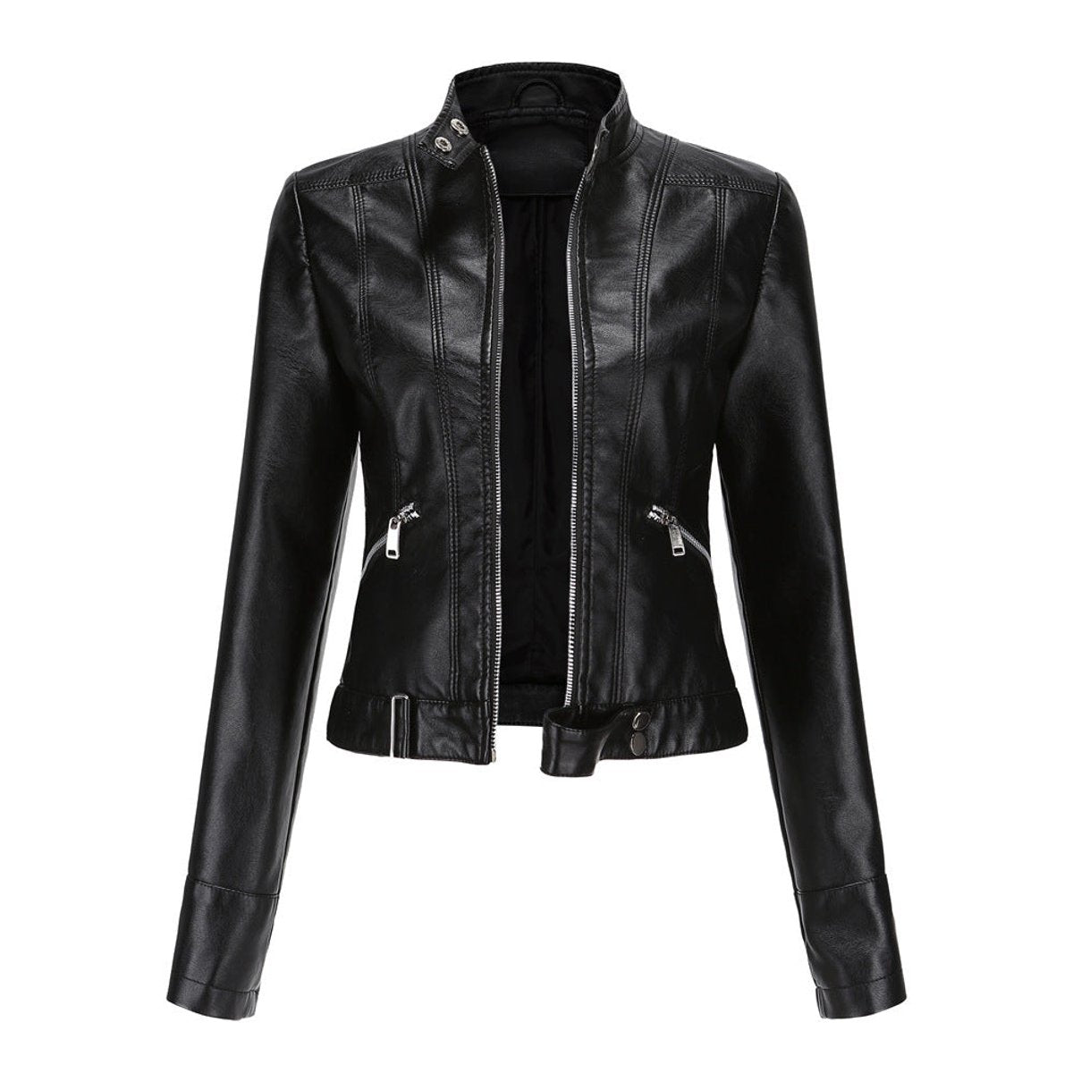 Women's Crop-Length Stand-Collar Faux Leather Jacket – Black