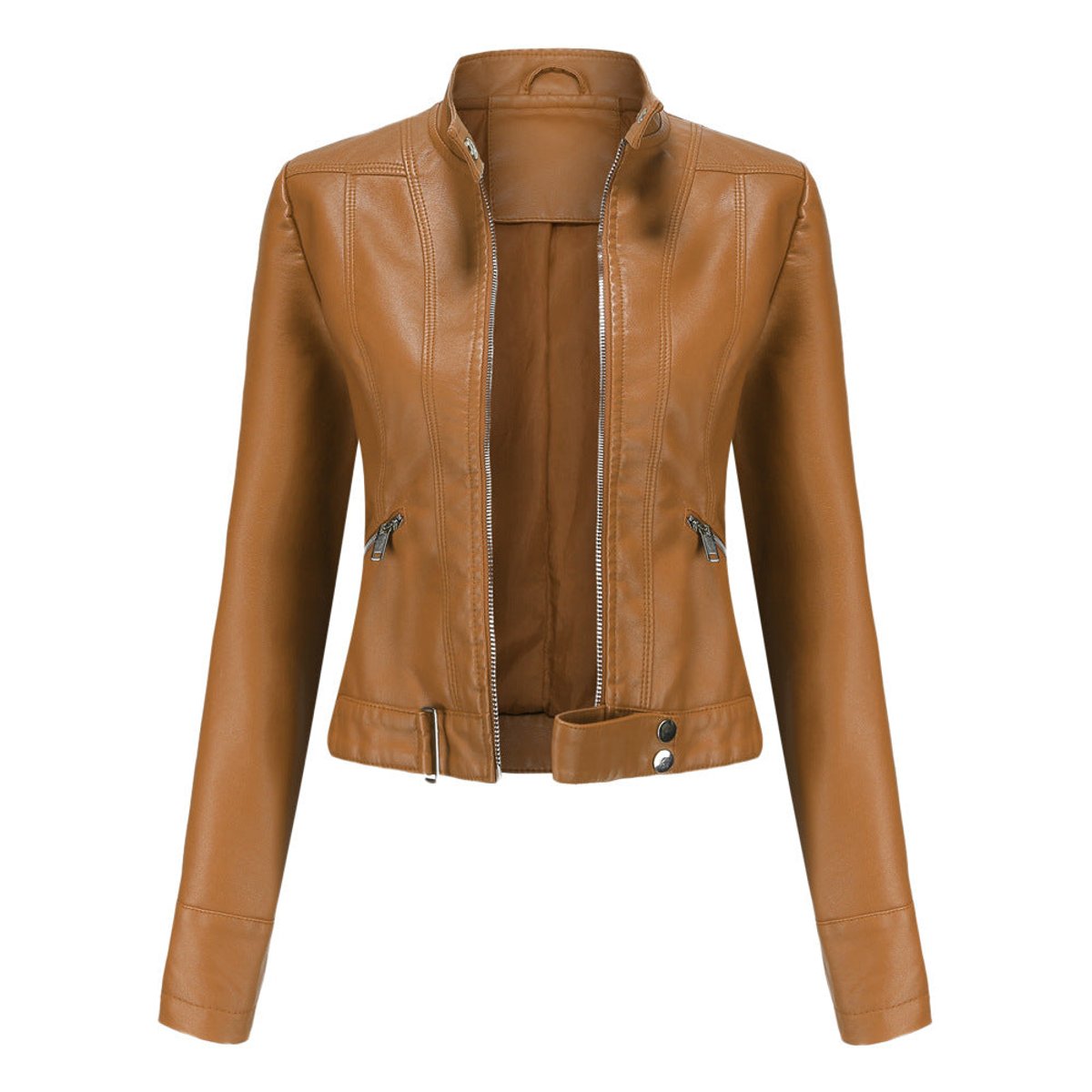 Women's Crop-Length Stand-Collar Faux Leather Jacket – Light Brown