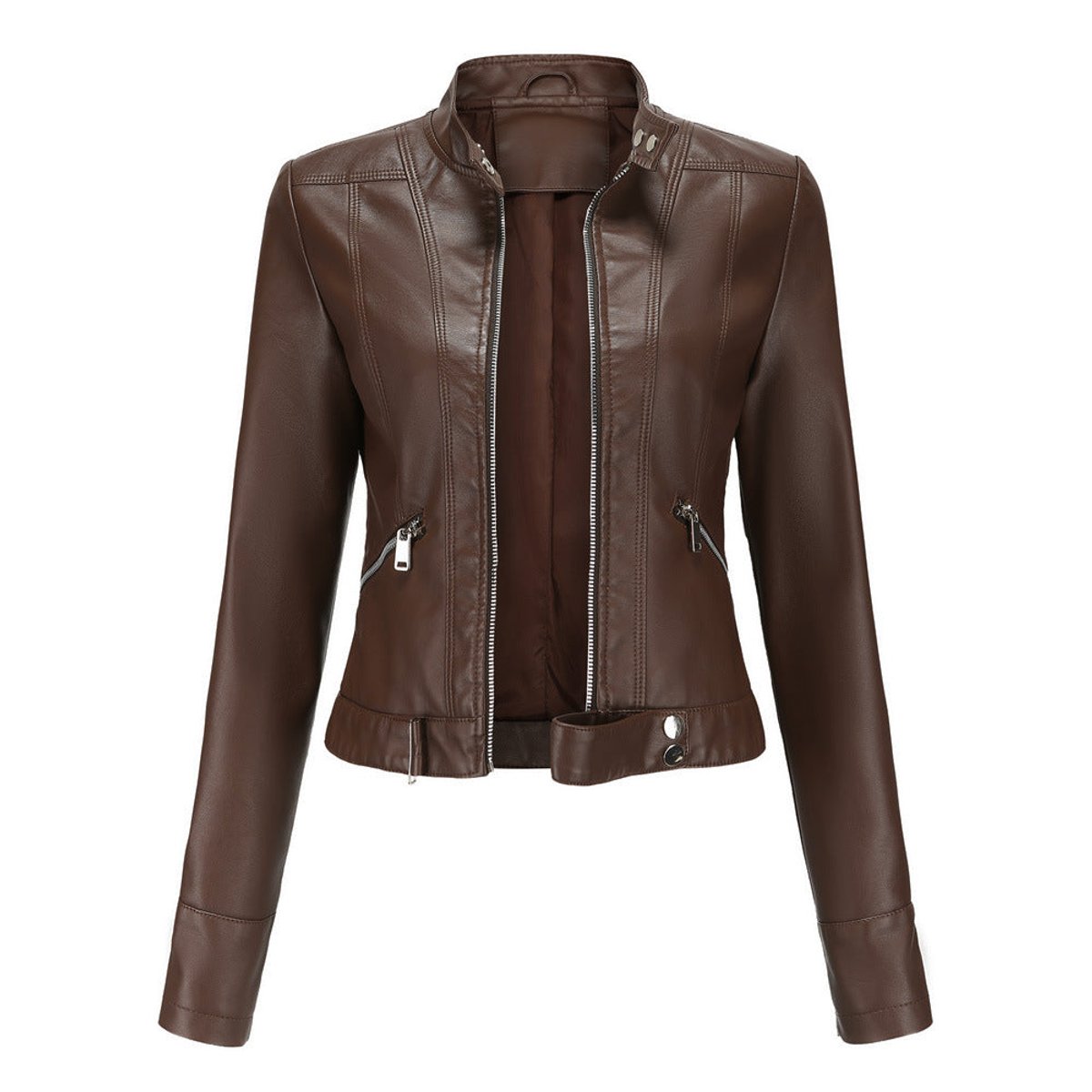 Women's Crop-Length Stand-Collar Faux Leather Jacket – Brown