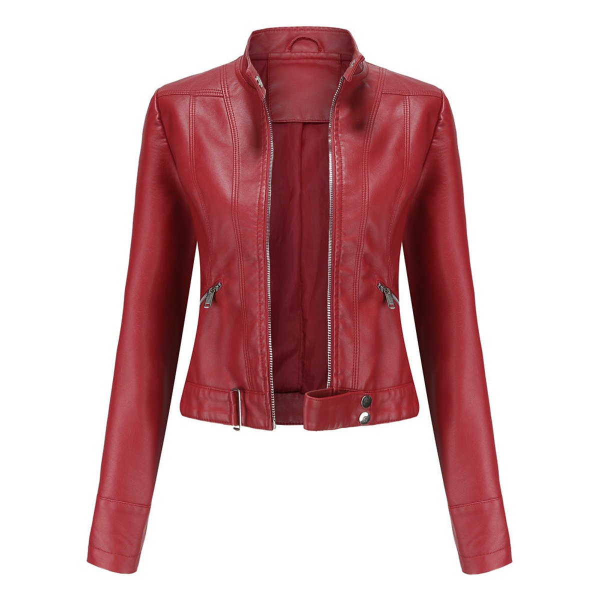Women's Crop-Length Stand-Collar Faux Leather Jacket – Red