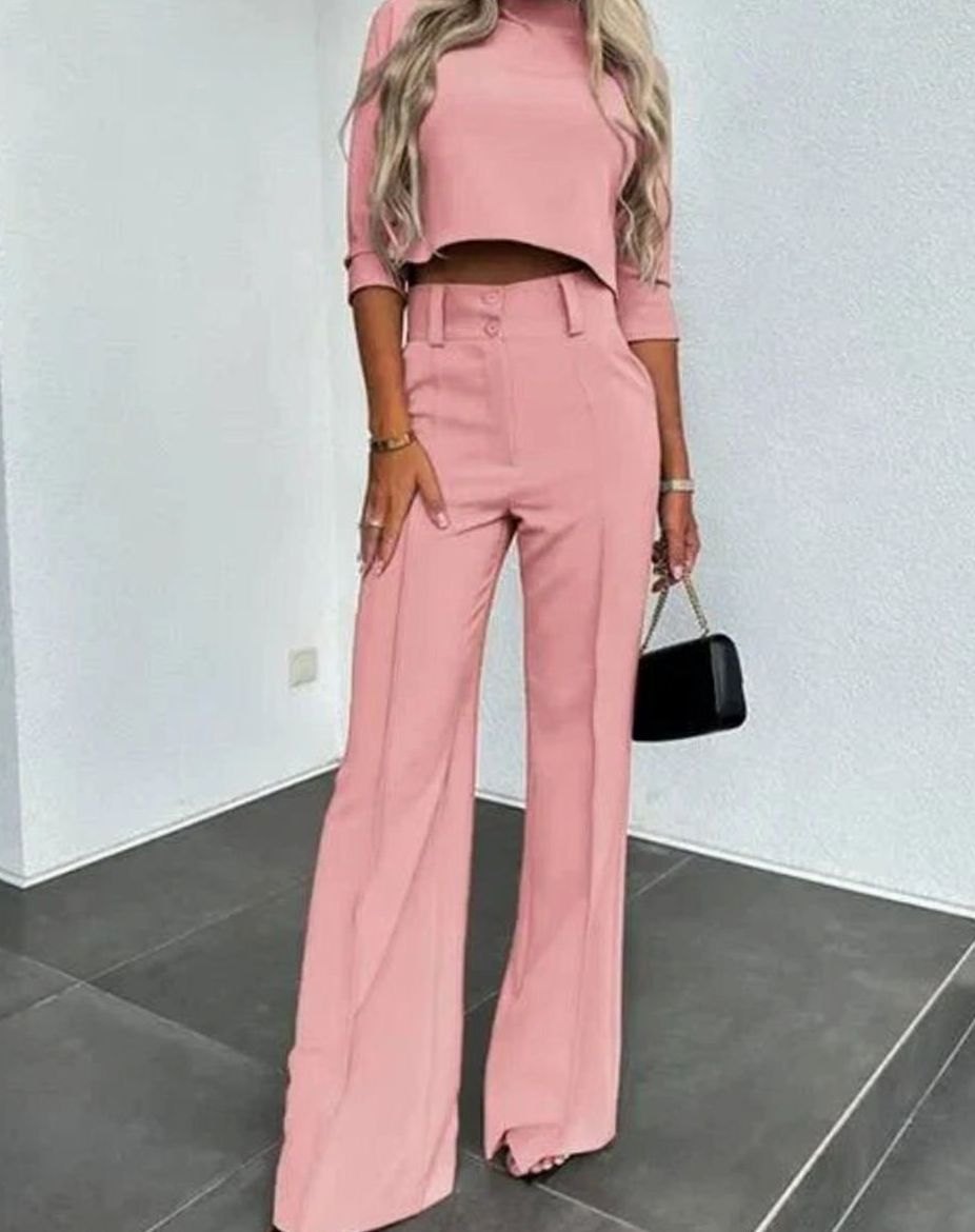 Women's Crop-Length Top and Flared-Leg Trouser Set – Pink