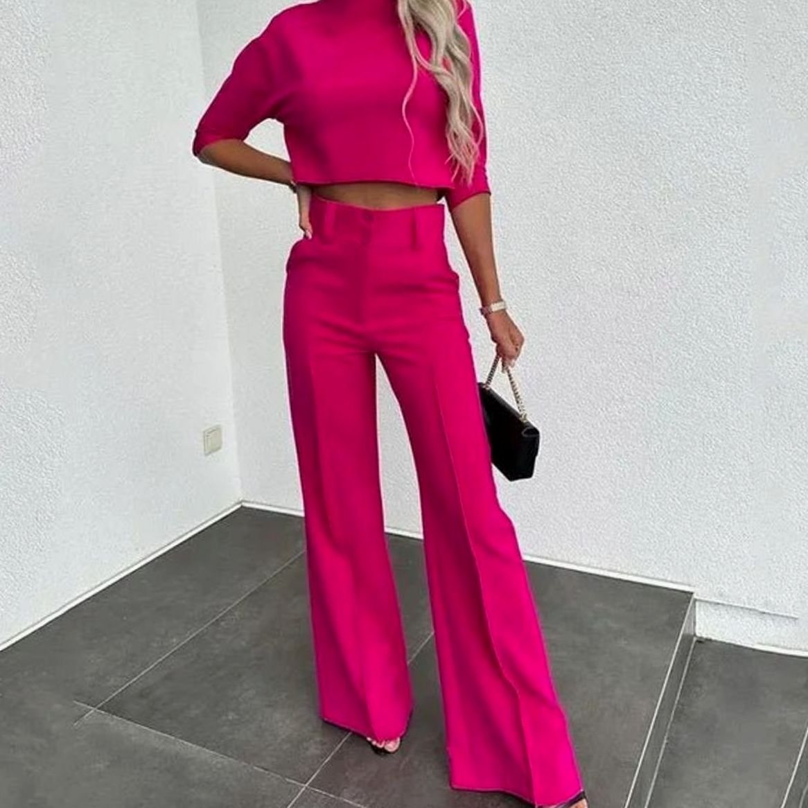 Women's Crop-Length Top and Flared-Leg Trouser Set – Dark Pink