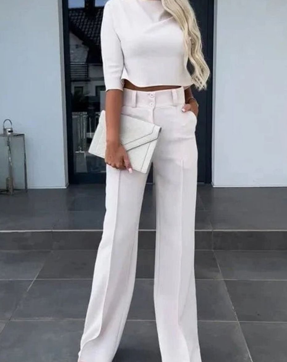 Women's Crop-Length Top and Flared-Leg Trouser Set – White