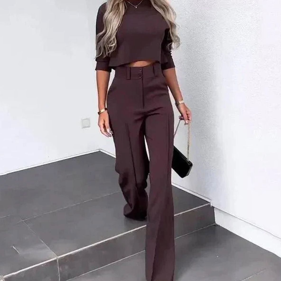 Women's Crop-Length Top and Flared-Leg Trouser Set – Brown