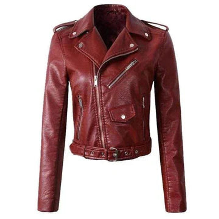 Women's Crop-Length Belt-Detail Faux Leather Jacket – Red