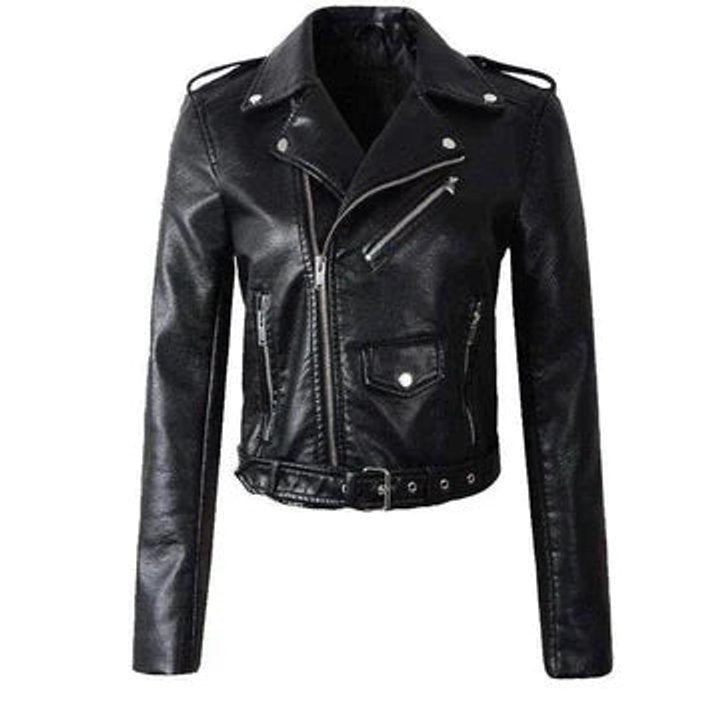 Women's Crop-Length Belt-Detail Faux Leather Jacket – Black
