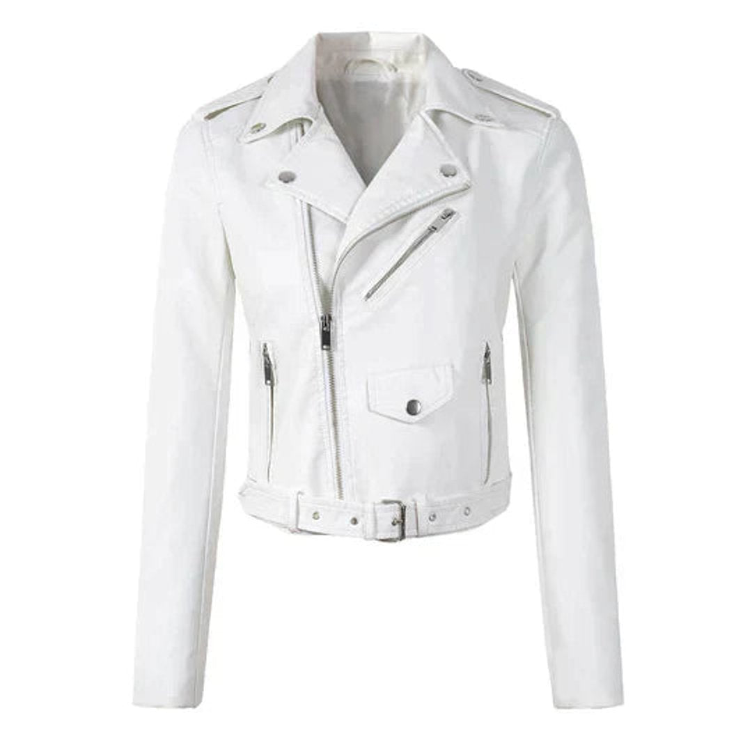 Women's Crop-Length Belt-Detail Faux Leather Jacket – White