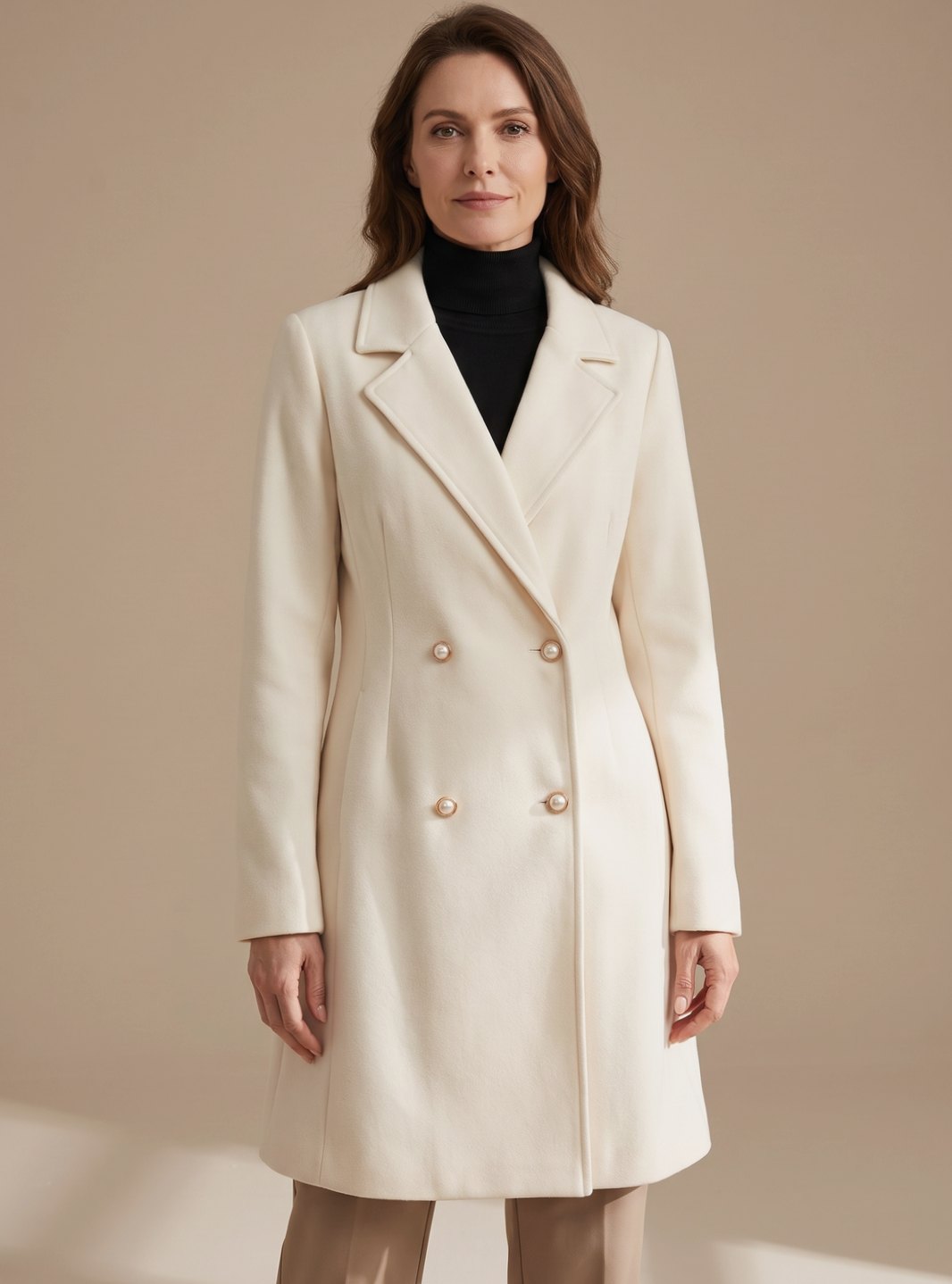 Women's Flared Knee-Length Wool-Blend Coat for Layering – Beige