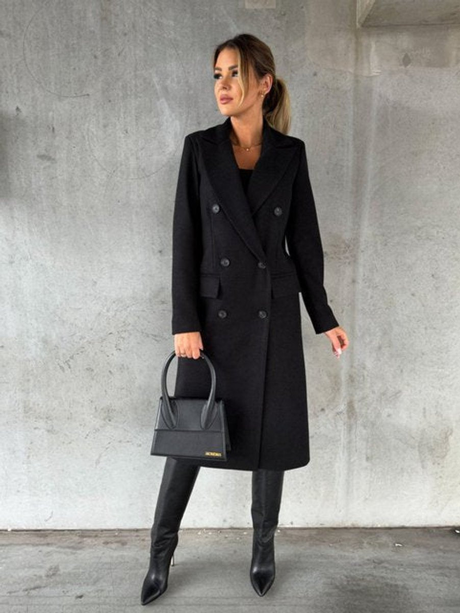 Women's Double-Breast Long Sleeve Mid-Length Overcoat – Black