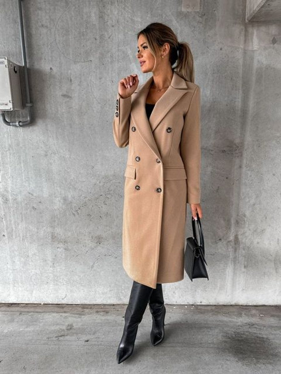 Women's Double-Breast Long Sleeve Mid-Length Overcoat – Khaki