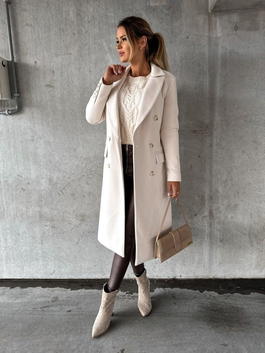 Women's Double-Breast Long Sleeve Mid-Length Overcoat – Beige