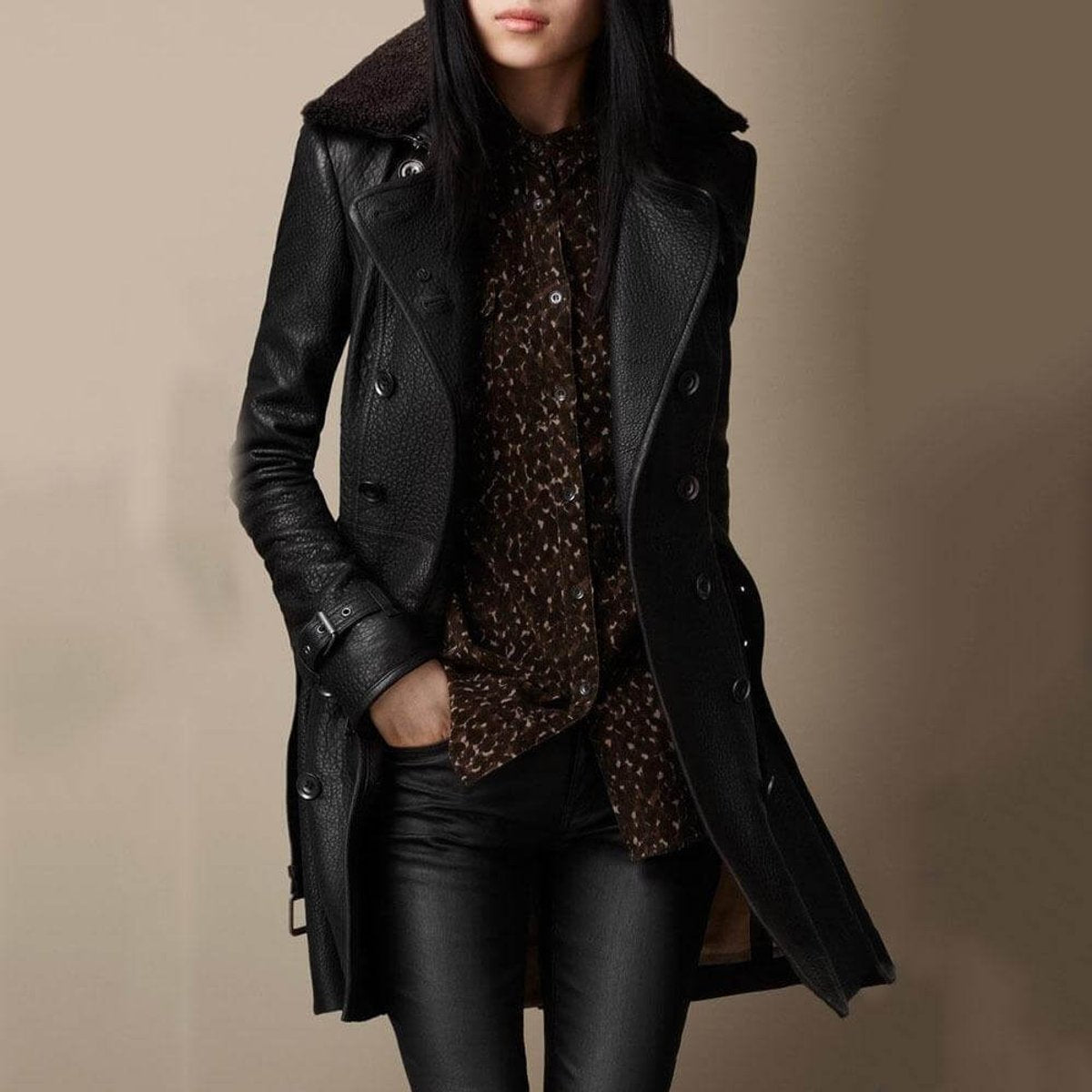 Women's Shearling-Collar Leather Trench Coat for Layering – S