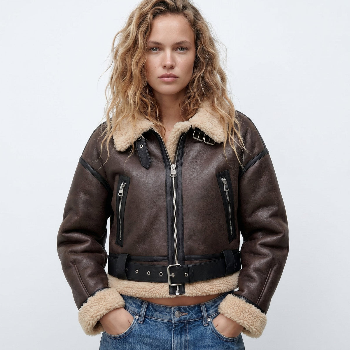Women's Double-Sided Shearling-Lined Bomber Jacket – Brown