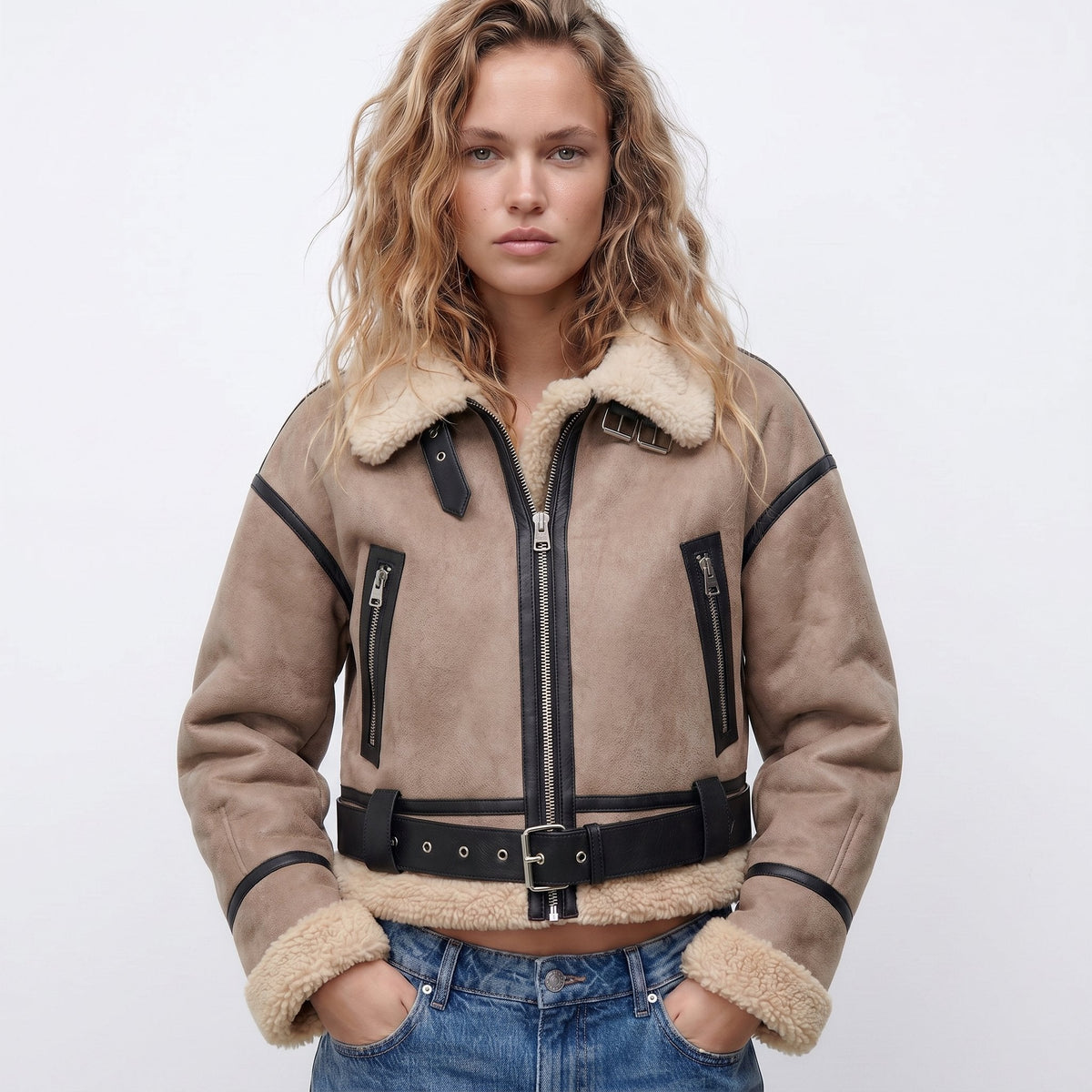 Women's Double-Sided Shearling-Lined Bomber Jacket – Khaki