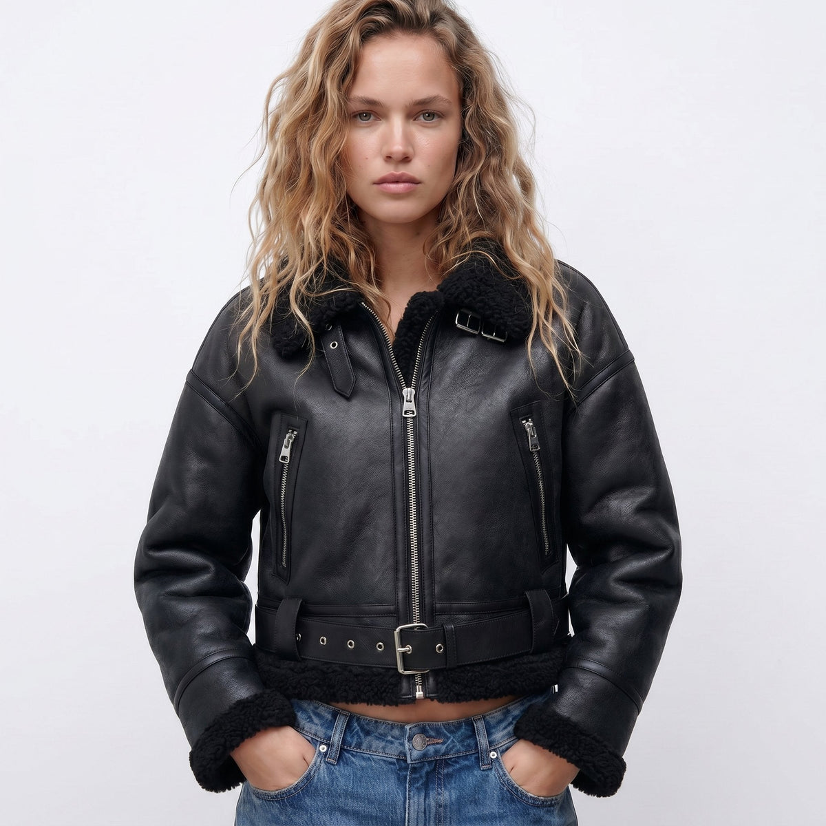 Women's Double-Sided Shearling-Lined Bomber Jacket – Black