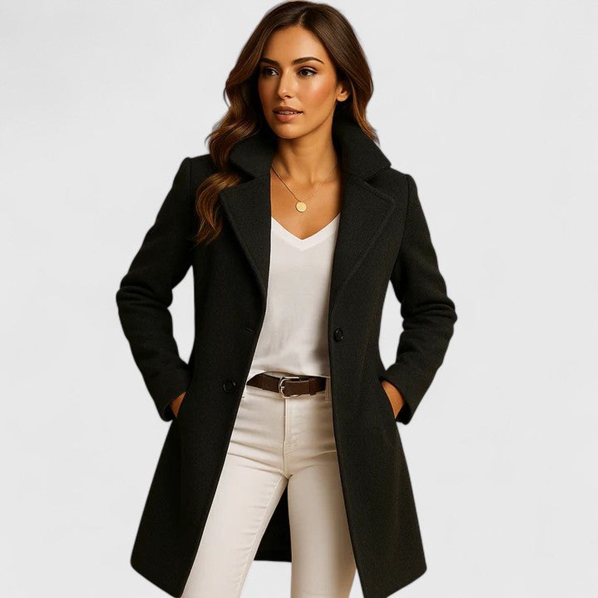 Women's Elegant Long Button-Front Coat for Evening Wear – Black
