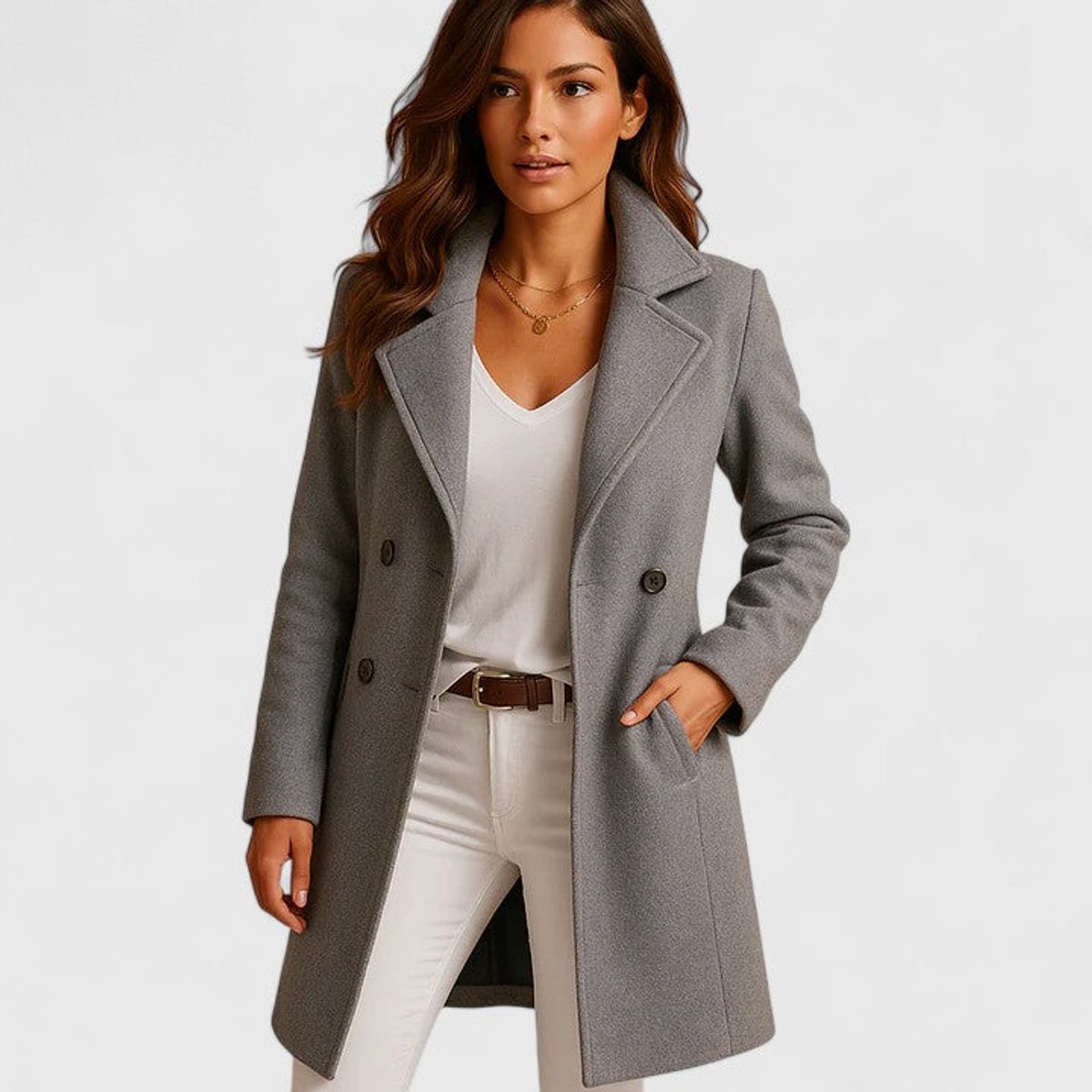 Women's Elegant Long Button-Front Coat for Evening Wear – Gray