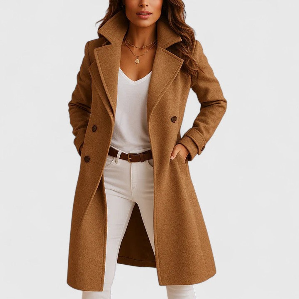 Women's Elegant Long Button-Front Coat for Evening Wear – Camel
