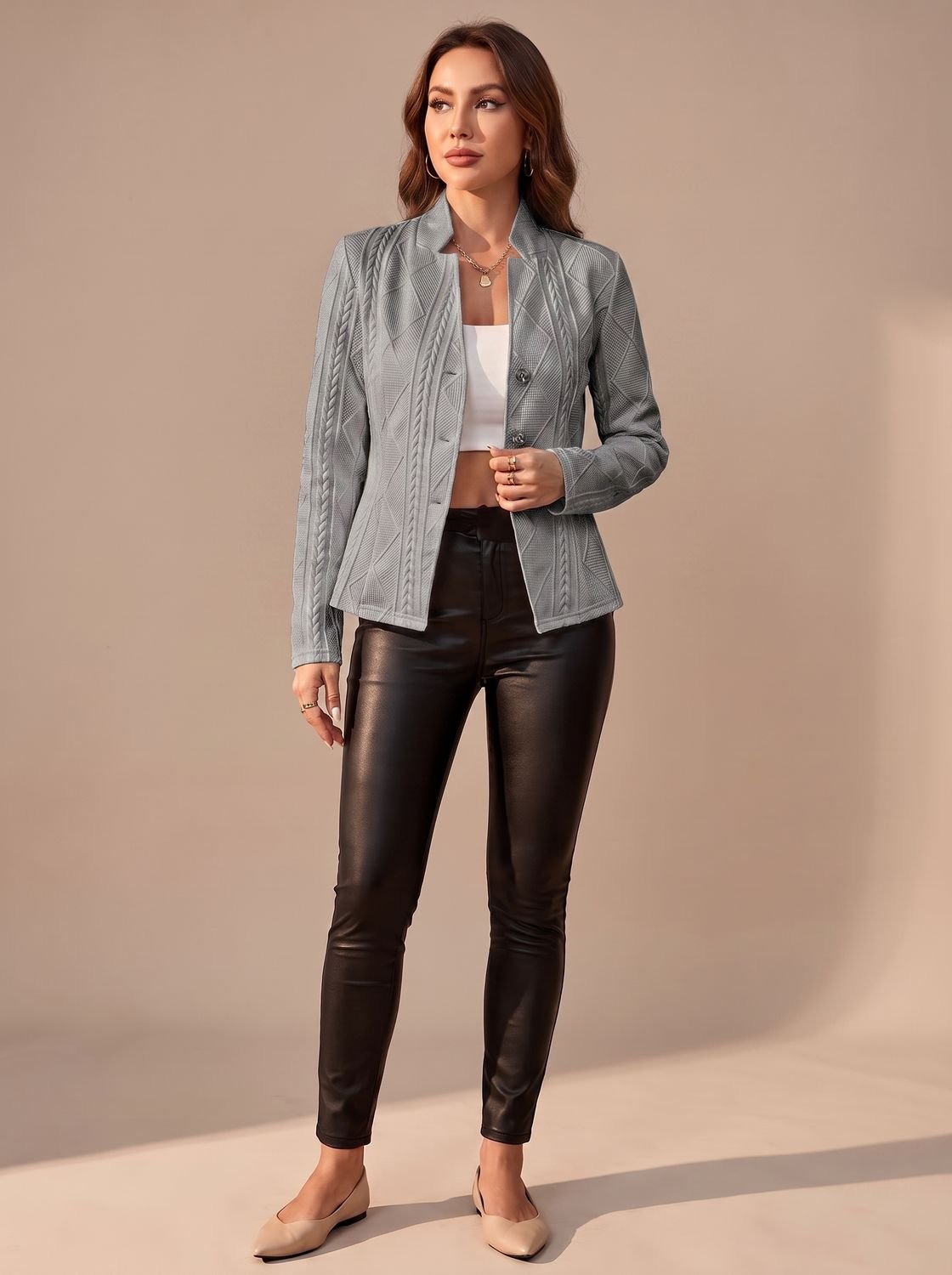 Women's Textured Cable-Stitch Button-Front Cold-Weather Coat – Gray